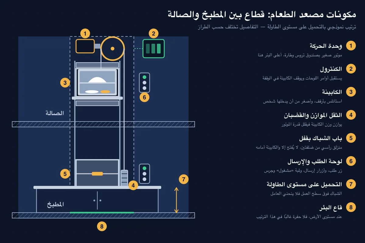 قطاع توضيحي لمصعد الطعام يوضح الكابينة بالأرفف وأبواب الشباك على مستوى الطاولة ووحدة الجر ولوحات الطلب والإرسال قطاع توضيحي لمصعد الطعام يوضح الكابينة بالأرفف وأبواب الشباك على مستوى الطاولة ووحدة الجر ولوحات الطلب والإرسال