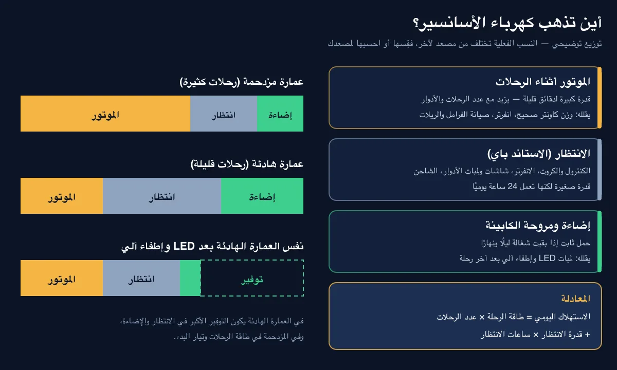 رسم يوضح أين تذهب كهرباء الأسانسير: الموتور أثناء الرحلات، والكنترول والشاشات في الانتظار، وإضاءة ومروحة الكابينة رسم يوضح أين تذهب كهرباء الأسانسير: الموتور أثناء الرحلات، والكنترول والشاشات في الانتظار، وإضاءة ومروحة الكابينة