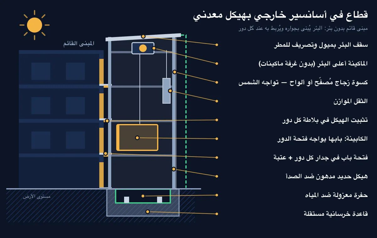 قطاع رأسي لأسانسير خارجي بهيكل معدني ملاصق لمبنى قائم يوضح الأساس والحفرة والهيكل والتثبيت والكسوة والسقف قطاع رأسي لأسانسير خارجي بهيكل معدني ملاصق لمبنى قائم يوضح الأساس والحفرة والهيكل والتثبيت والكسوة والسقف